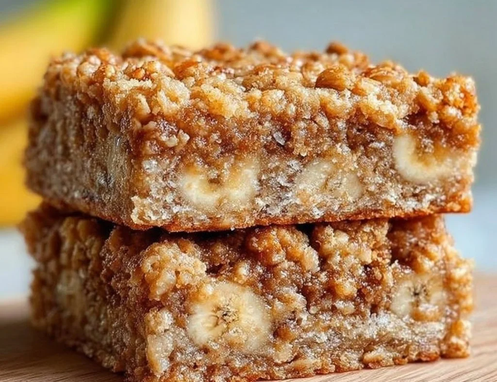 Homemade Banana Oatmeal Bars with sliced bananas and oats
