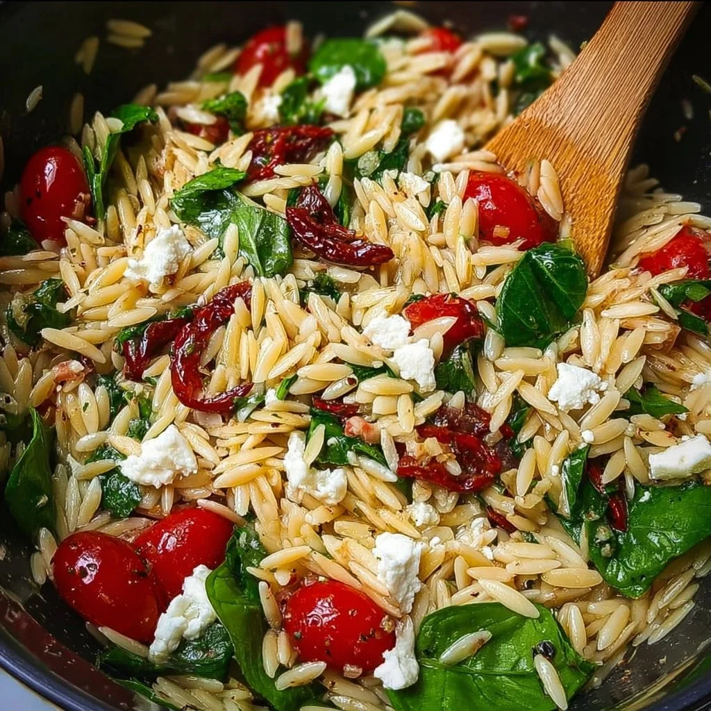 Classic Balsamic Orzo Salad with fresh vegetables and dressing