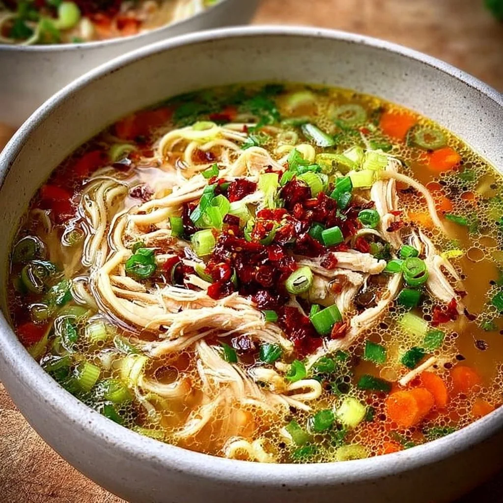 Bowl of classic ginger garlic chicken noodle soup garnished with herbs