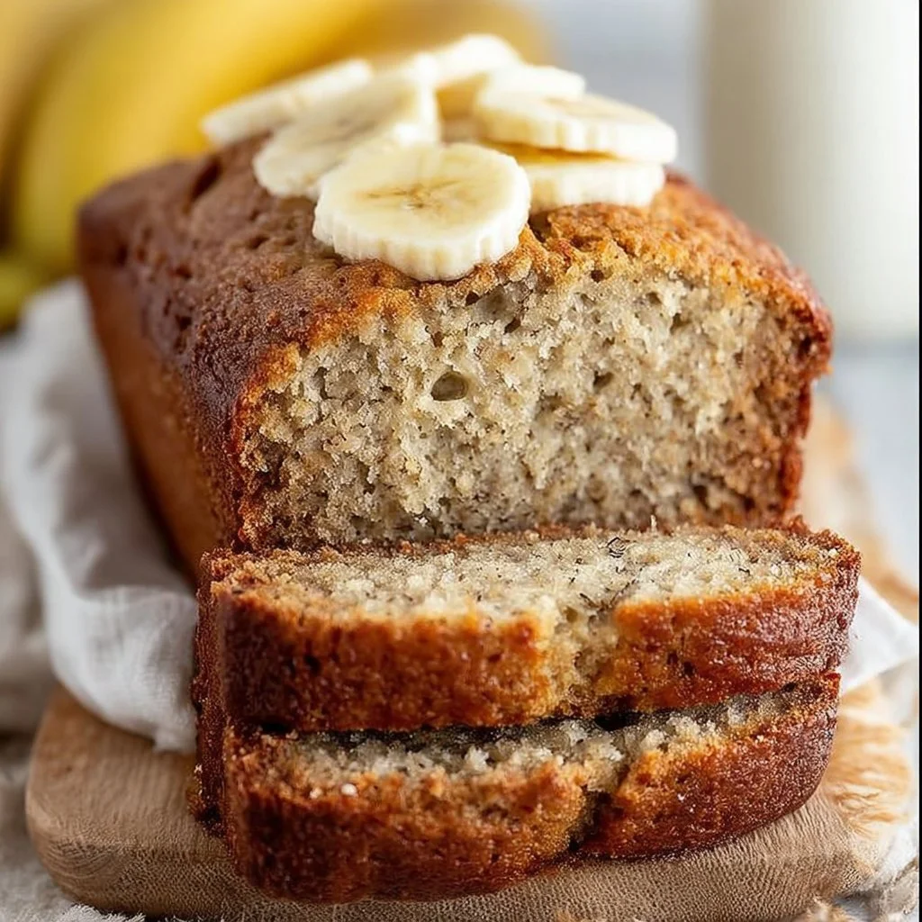 Loaf of easy moist banana bread with ripe bananas and nuts