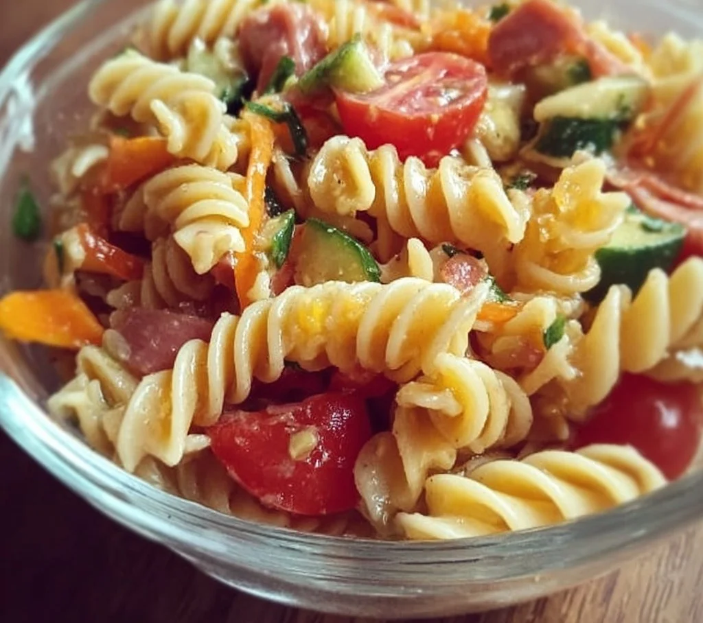 High protein Italian pasta salad with colorful vegetables and dressing