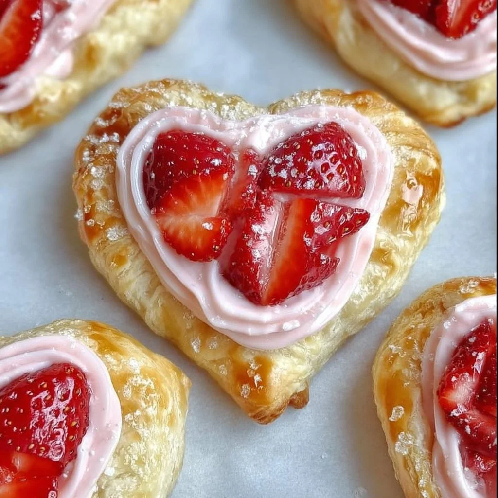 Heart-shaped Strawberry Cream Cheese Danishes fresh from the oven