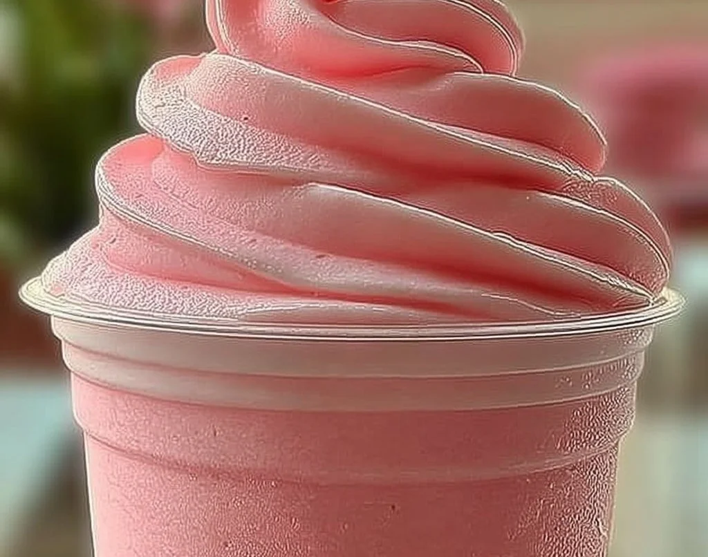 Delicious Strawberry Dole Whip served in a cup, perfect for hot days.