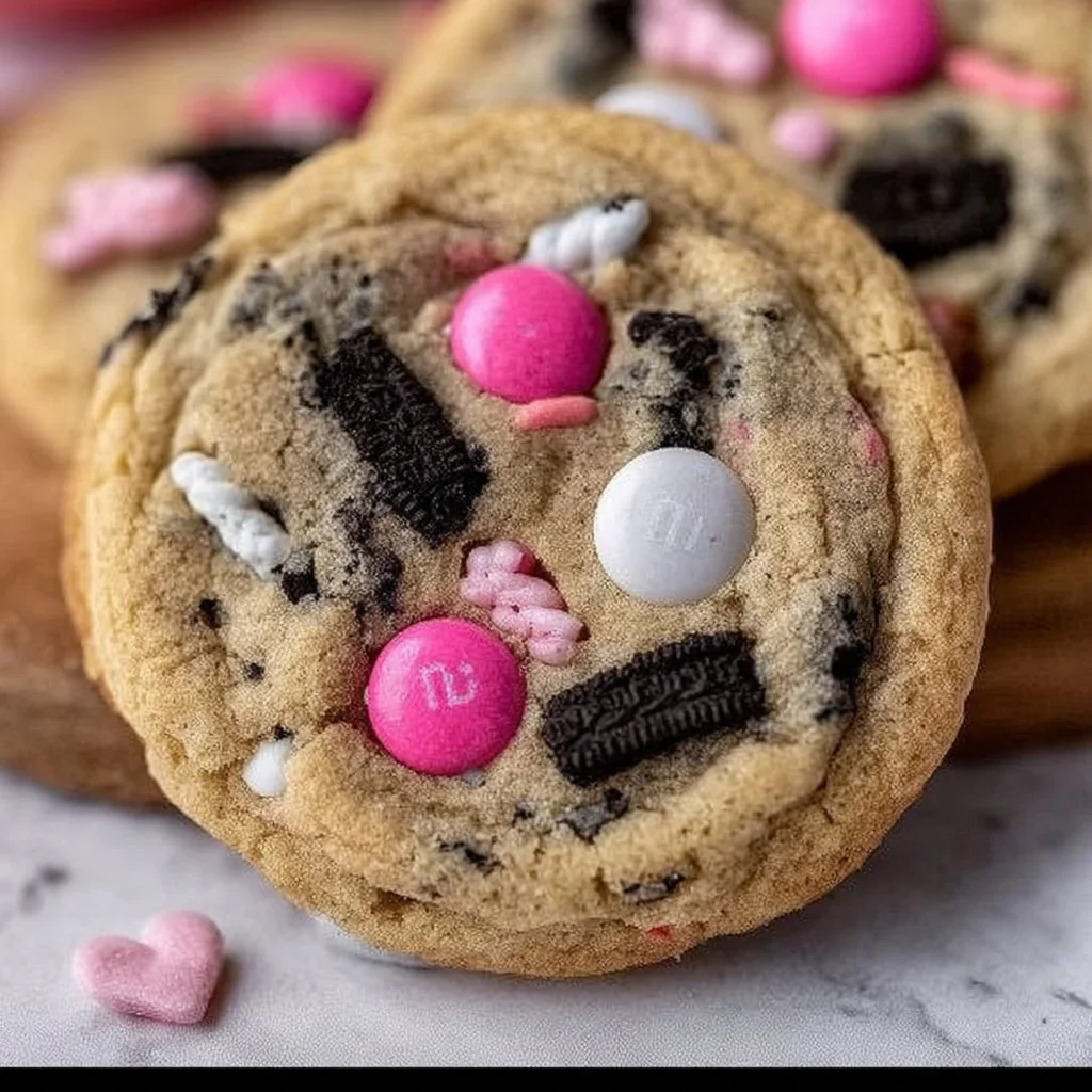 Valentine's Day Oreo M&M's Cookies with chocolate and colorful candy toppings