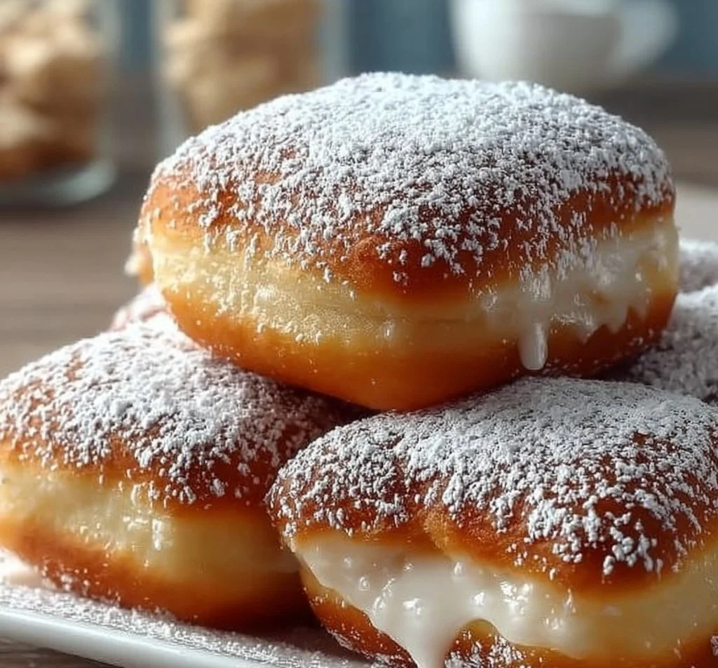 Delicious vanilla beignets dusted with powdered sugar on a plate