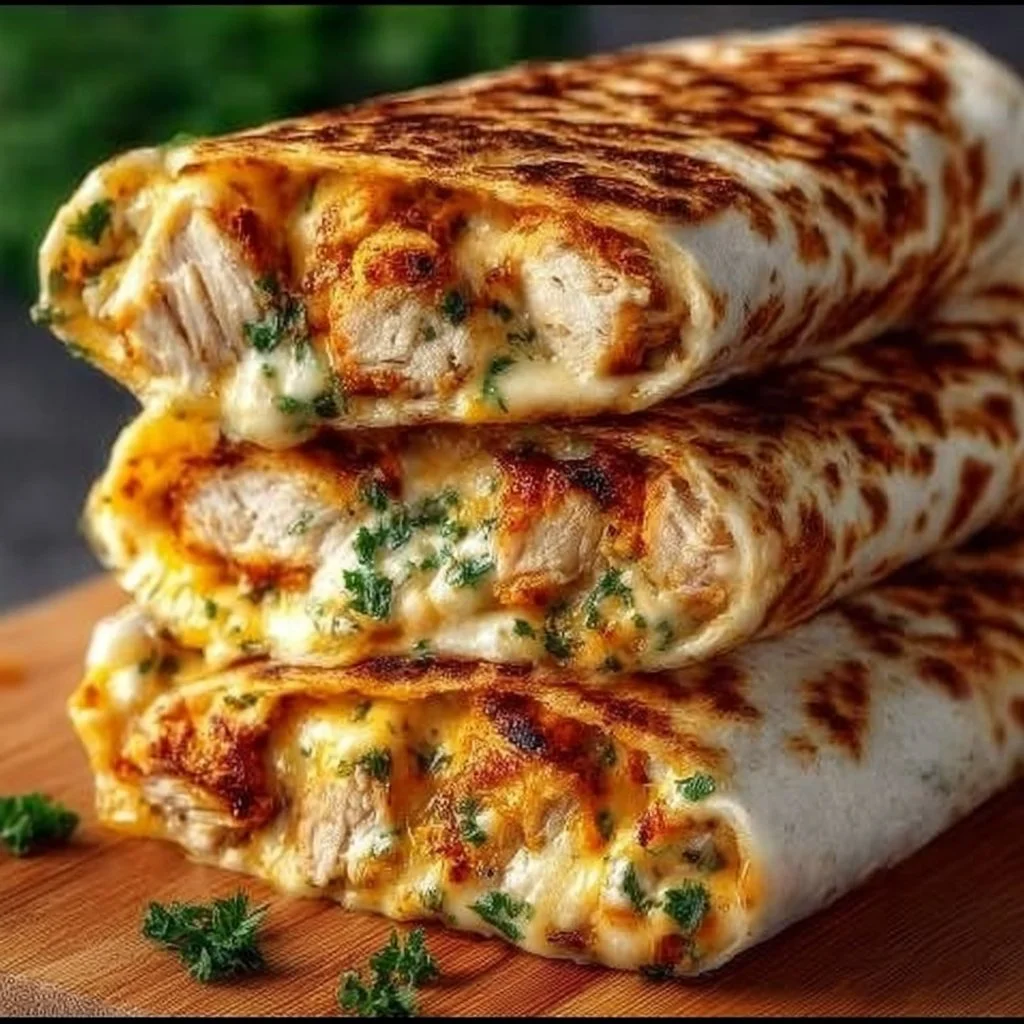 Delicious cheesy garlic chicken wraps filled with tender chicken and flavorful cheese