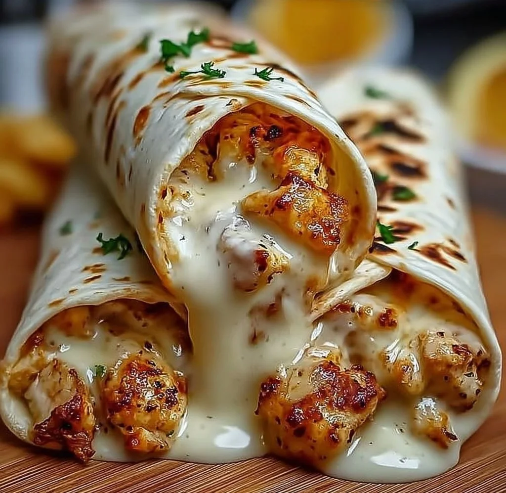 Cheesy garlic chicken wraps served on a plate, garnished with herbs