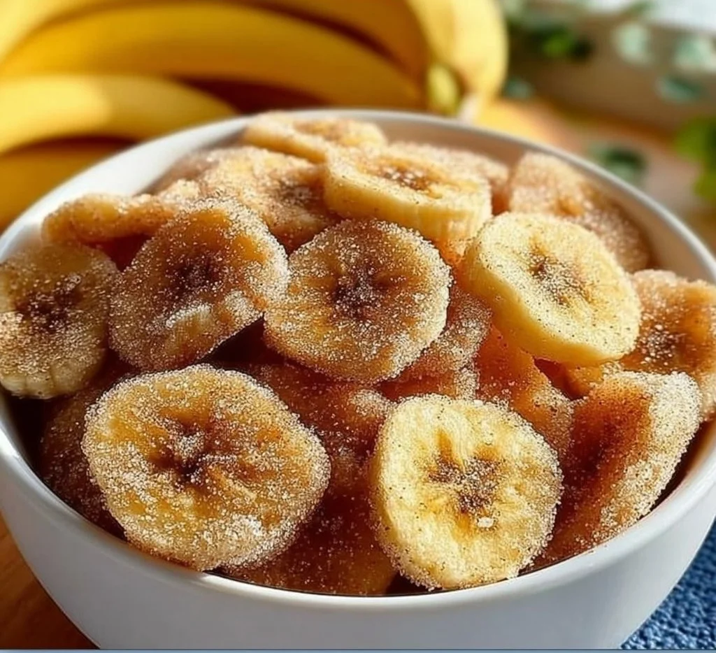 Crispy cinnamon-sugar air fryer banana chips on a plate
