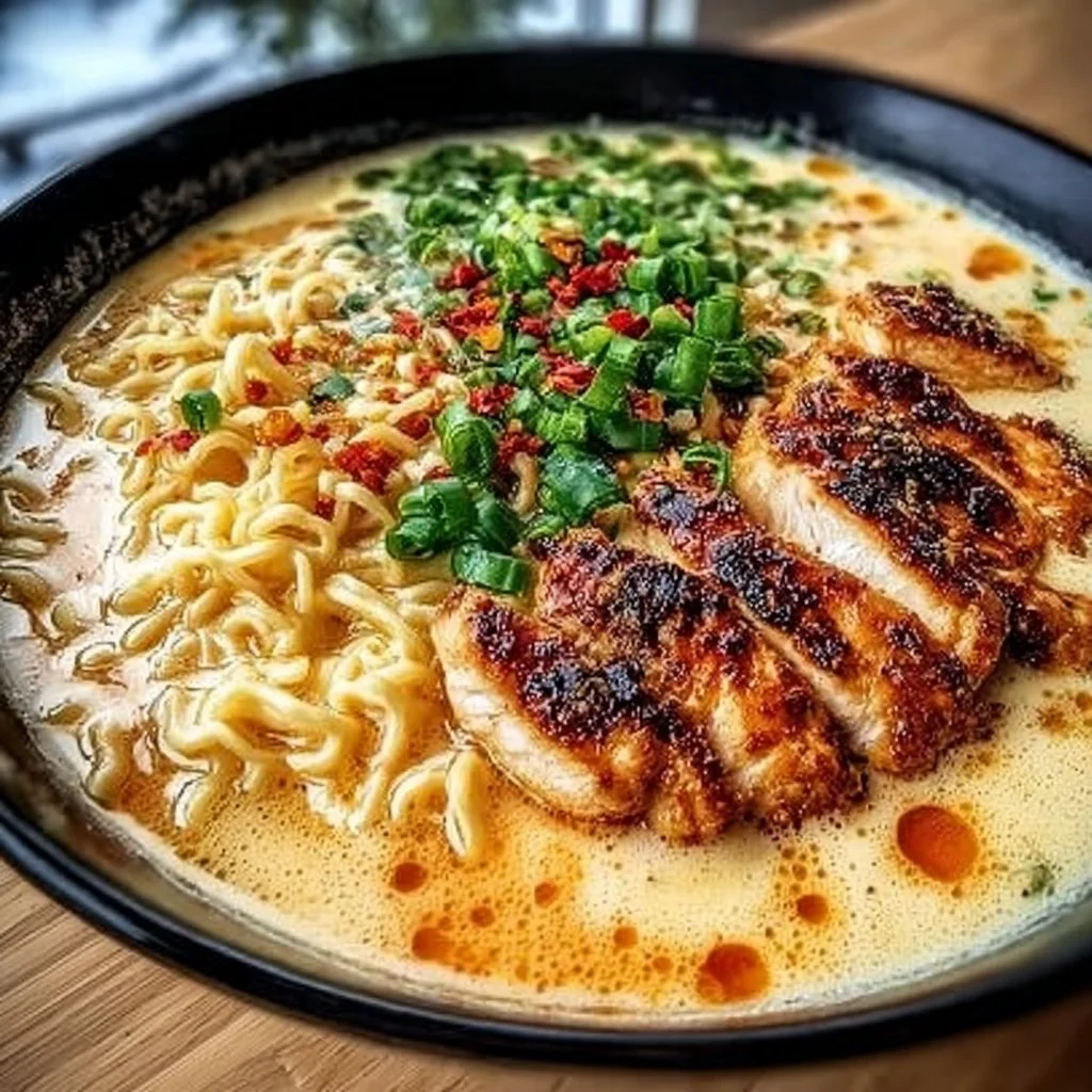 Creamy Garlic Chicken Ramen topped with fresh herbs and spices.