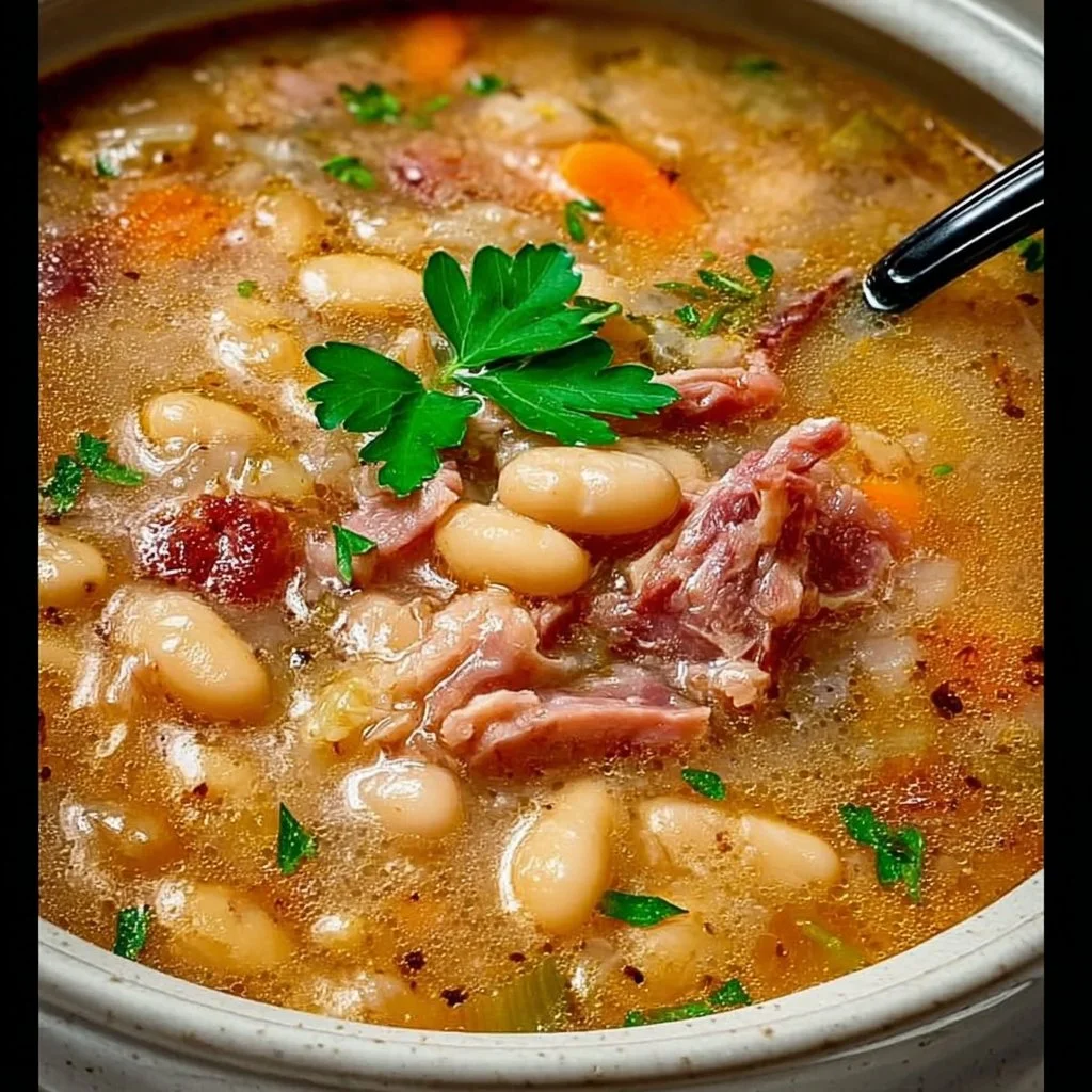 Crock Pot ham bone soup served in a bowl with beans and herbs.