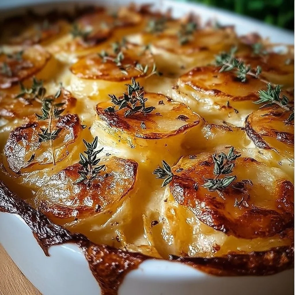Delicious French onion potato bake topped with melted cheese and herbs
