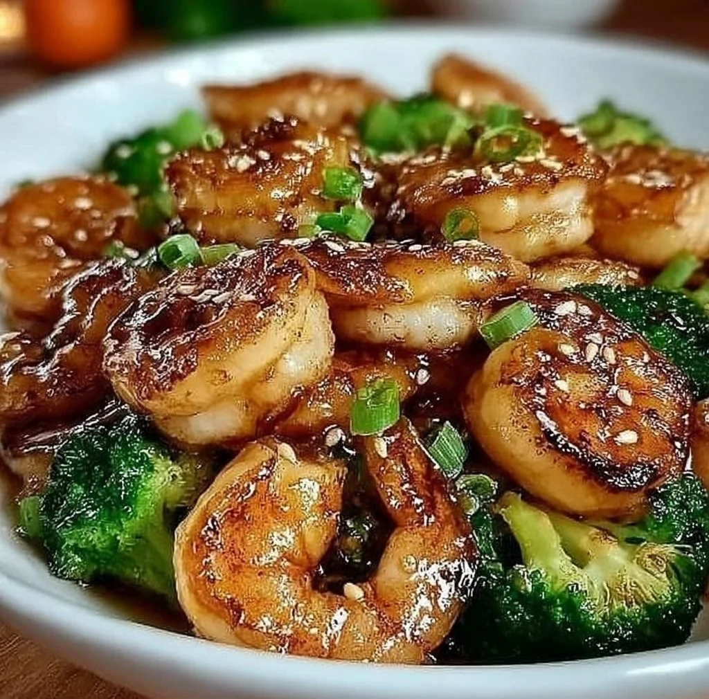 High-protein honey garlic shrimp served on a plate with green vegetables