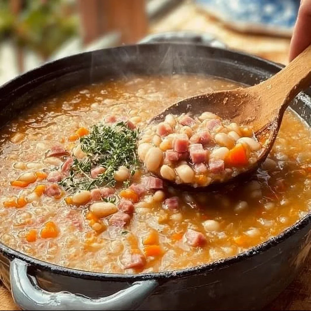 A bowl of old-fashioned ham and bean soup garnished with herbs.