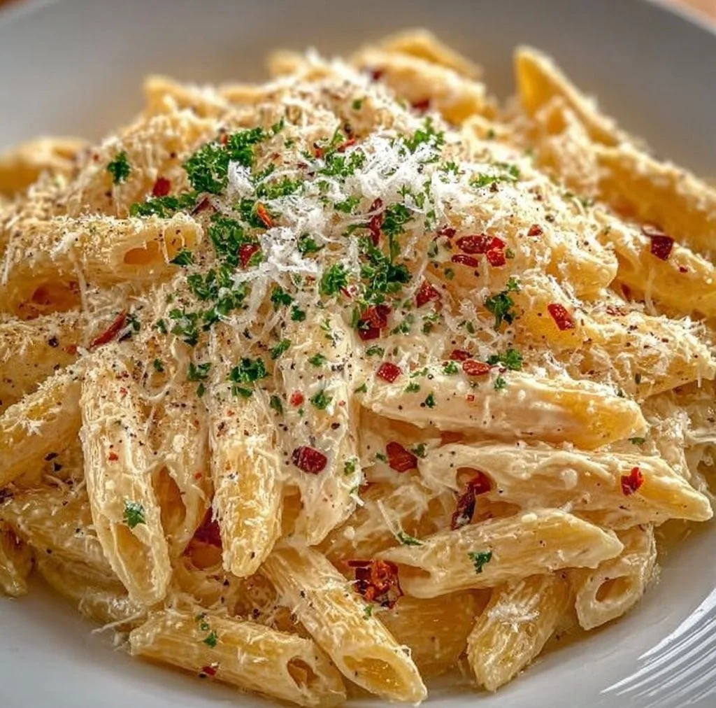 Creamy garlic pasta served in a bowl, garnished with parsley.