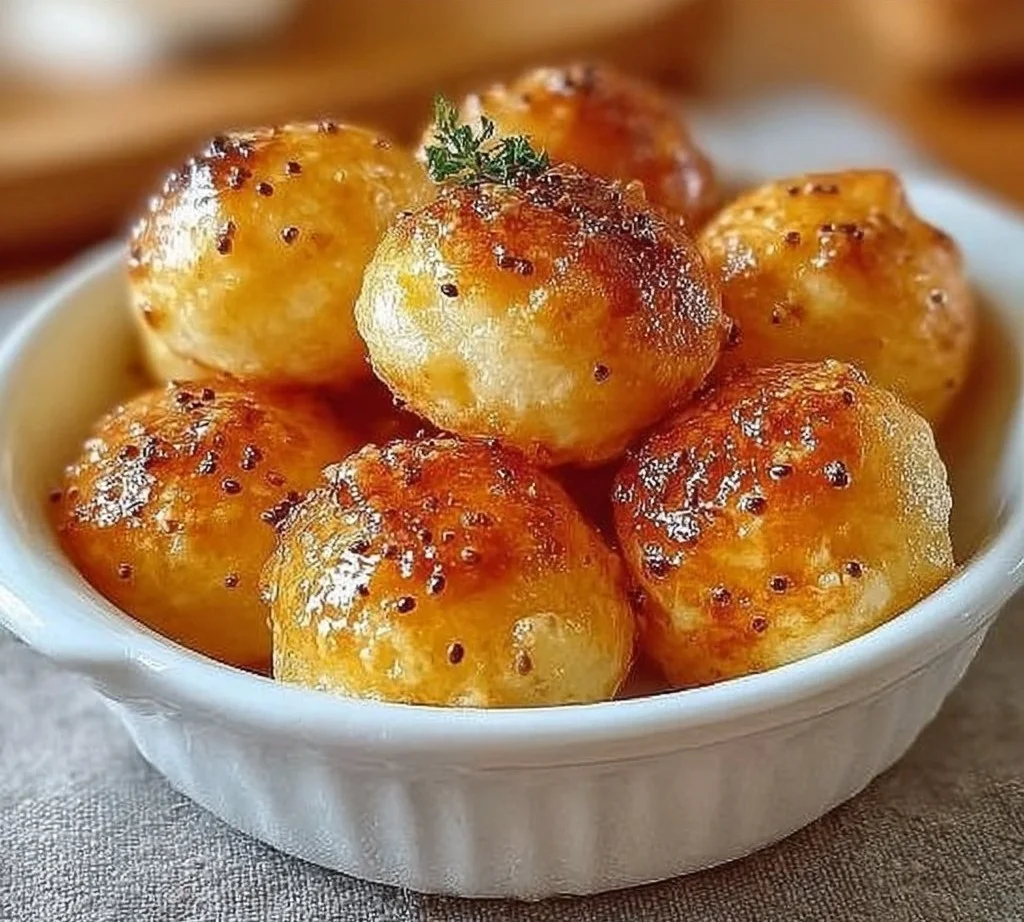 Delicious pancake poppers served in a bowl topped with syrup and berries