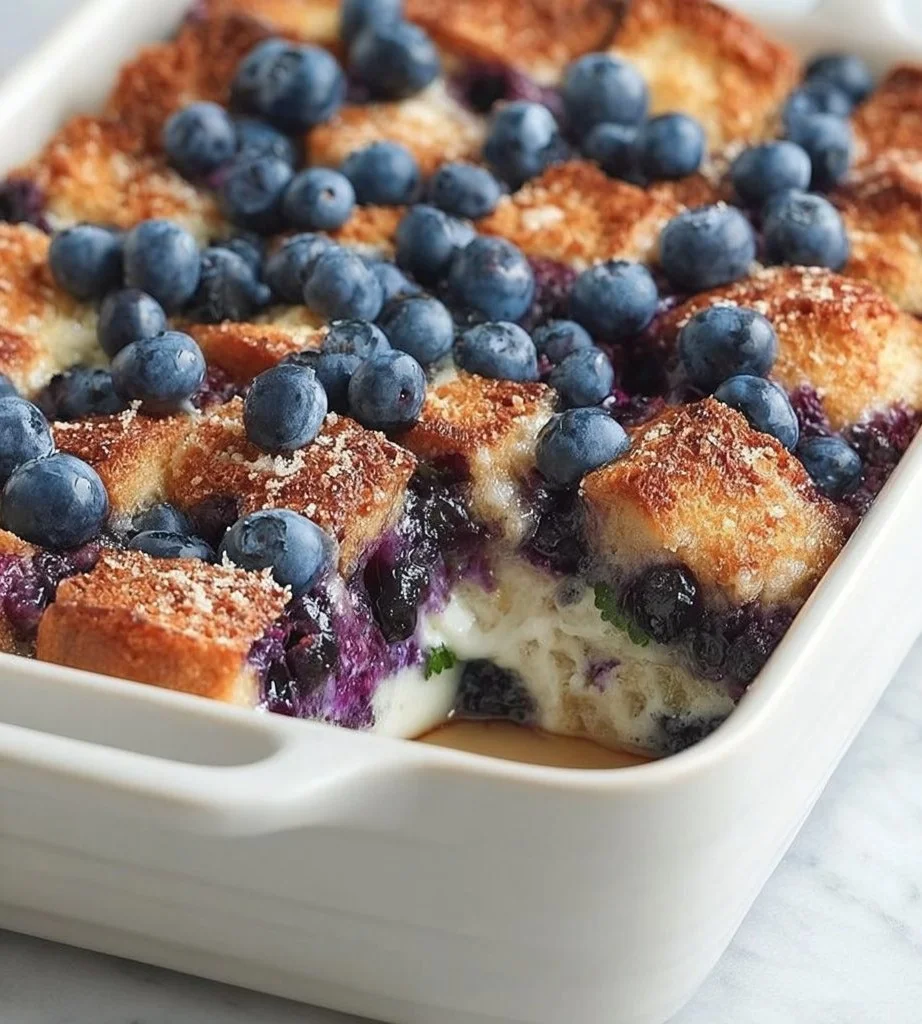 Quick blueberry french toast casserole topped with fresh blueberries