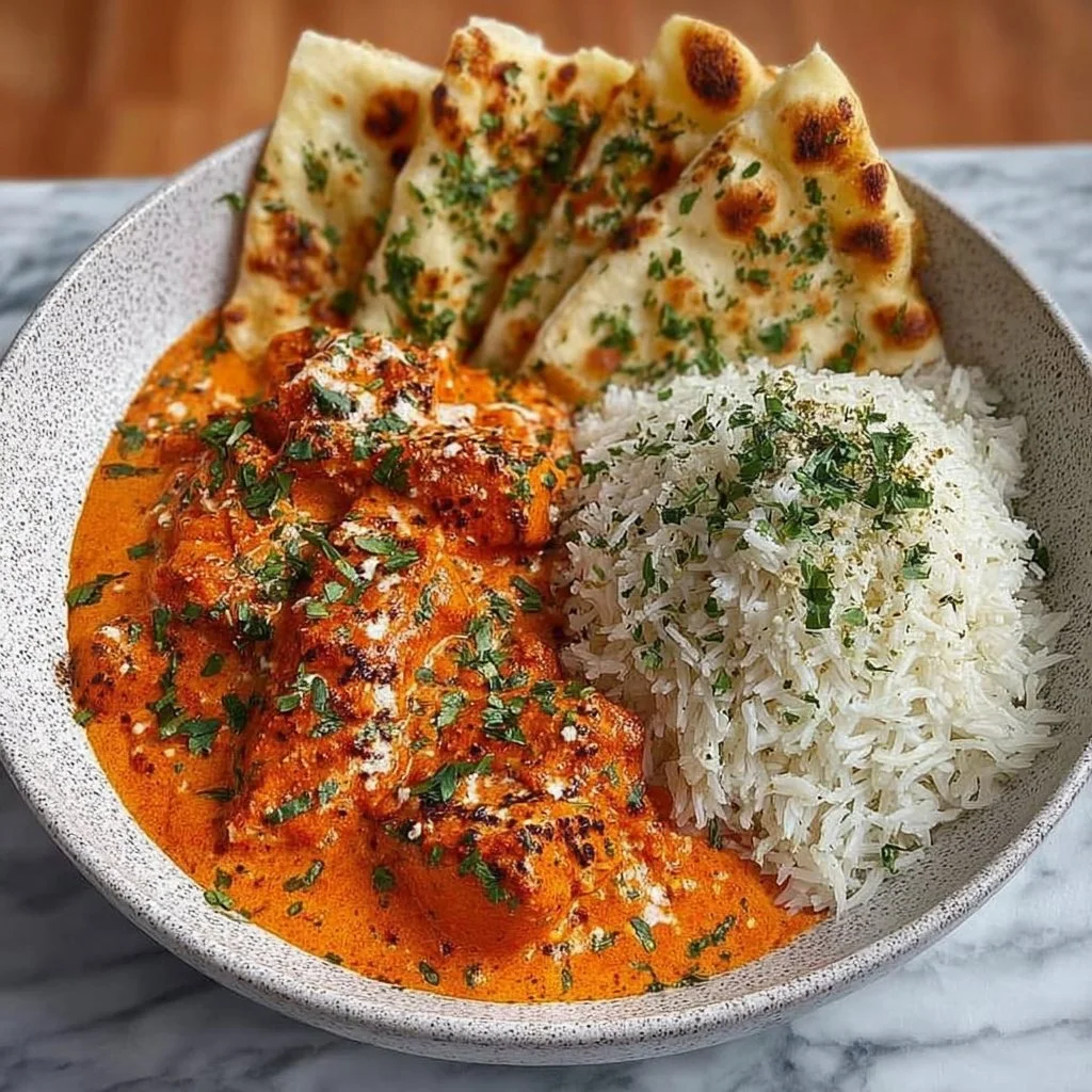 Homemade butter chicken served in a bowl with naan and garnished with cilantro