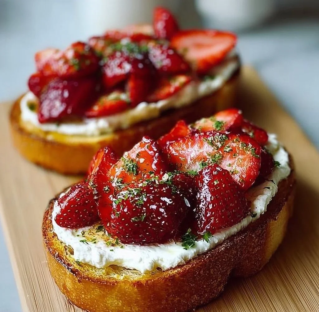 Roasted strawberry whipped ricotta toast garnished with fresh strawberries