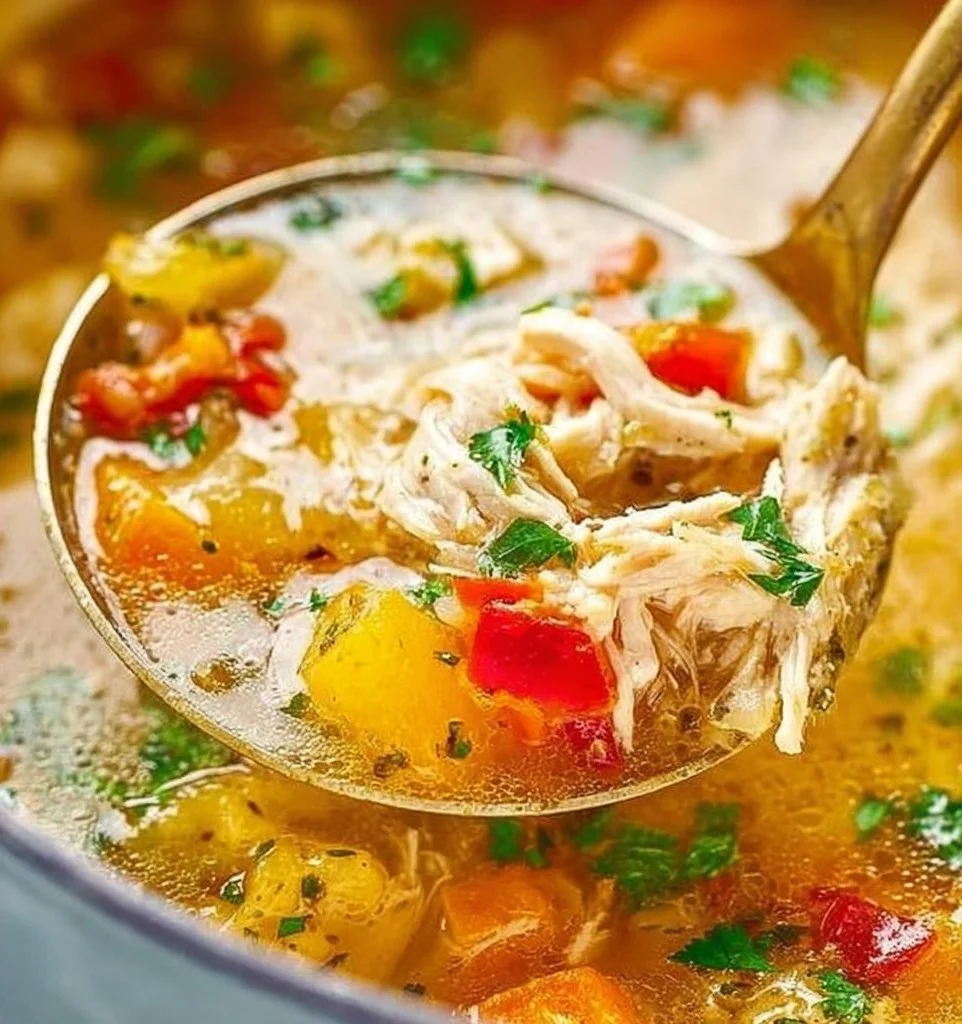 Bowl of Vegetable Chicken Detox Soup with fresh vegetables and herbs