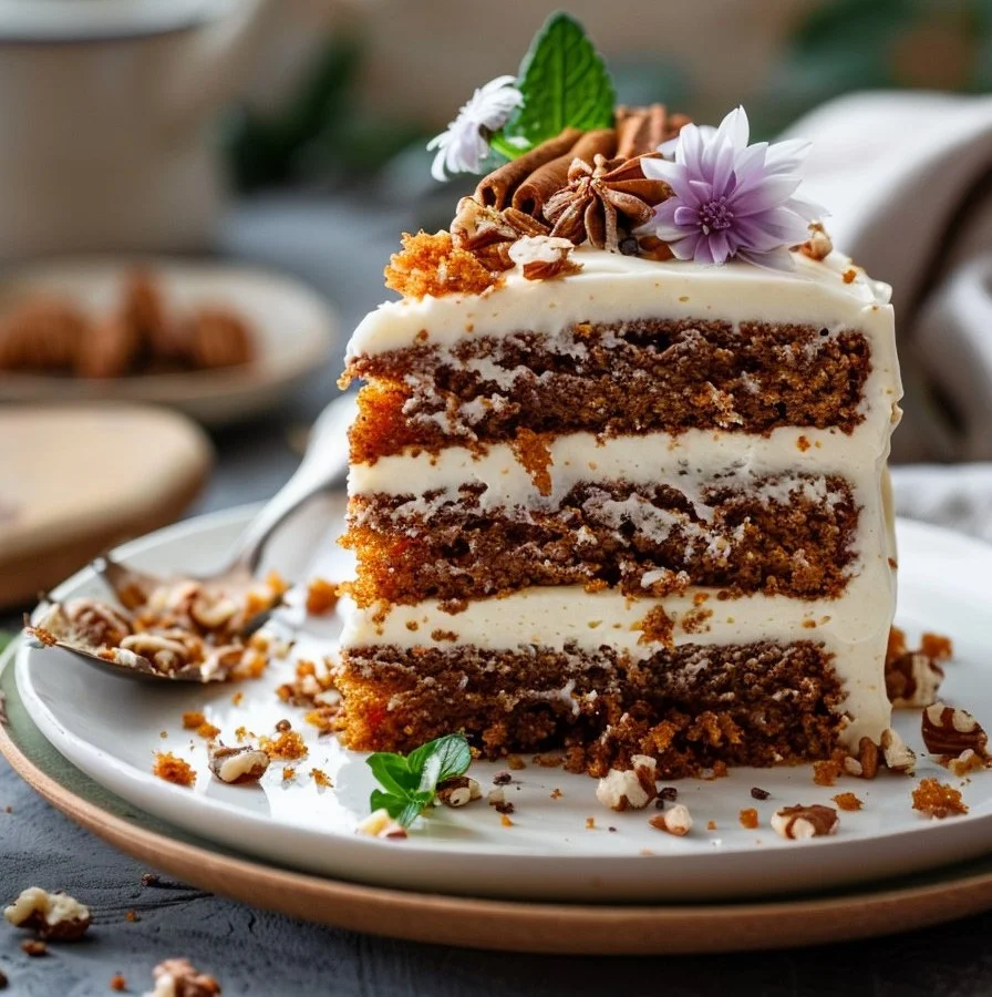 Delicious slice of the best ever carrot cake with cream cheese frosting.