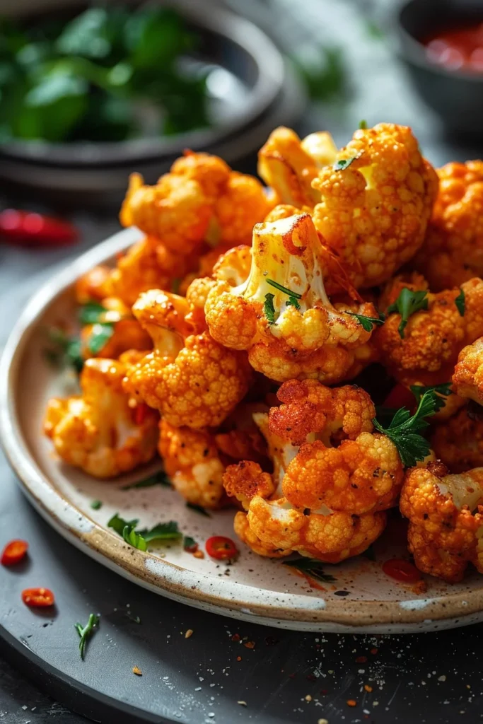 Plate of spicy Buffalo Cauliflower bites served with dipping sauce.