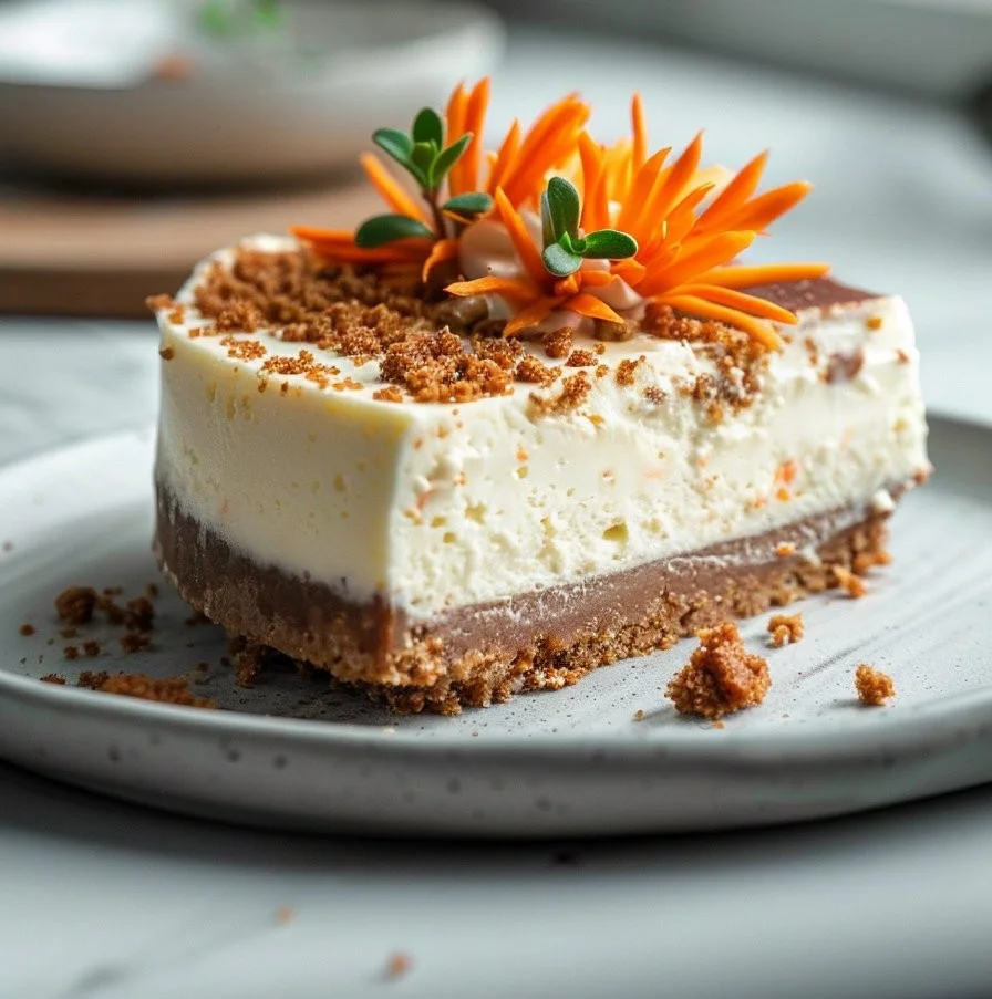 Slice of carrot cake cheesecake with cream cheese frosting and carrot decoration