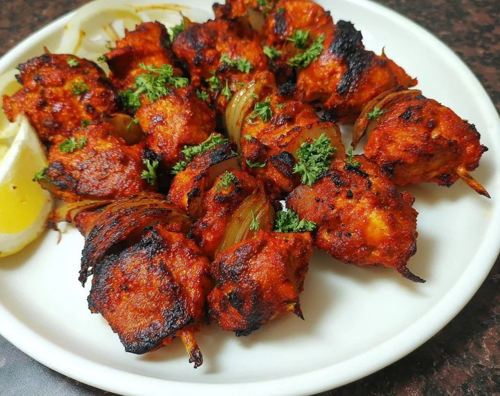 Delicious Chicken Tikka served with fresh herbs and spices.