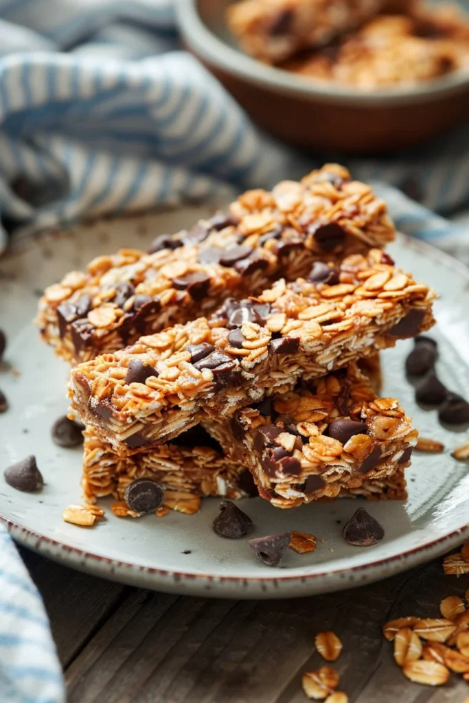 Homemade chocolate chip granola bars stacked on a plate