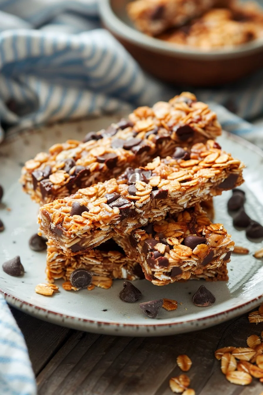 Homemade chocolate chip granola bars stacked on a plate