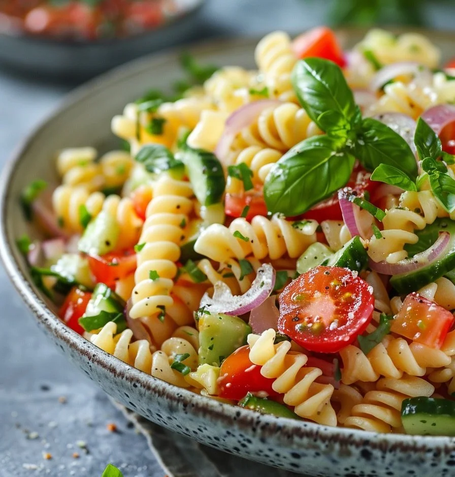 Bowl of classic pasta salad with colorful vegetables and dressing