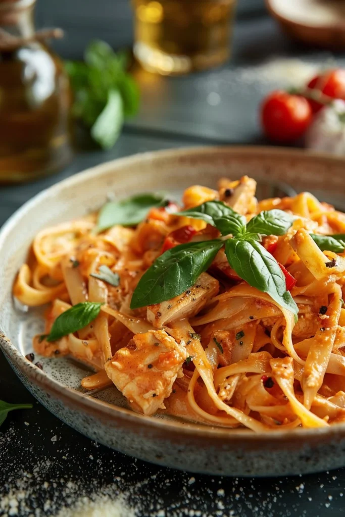 Creamy Tomato Chicken Pasta served in a bowl with basil garnish.