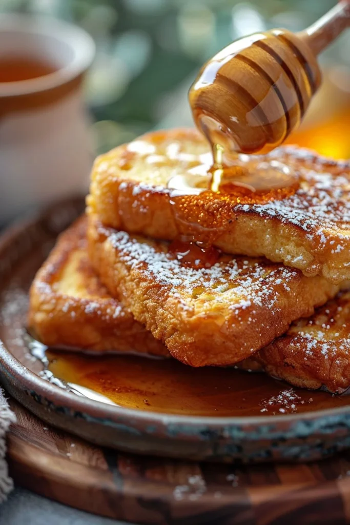 Delicious crispy honey French toast topped with syrup and berries