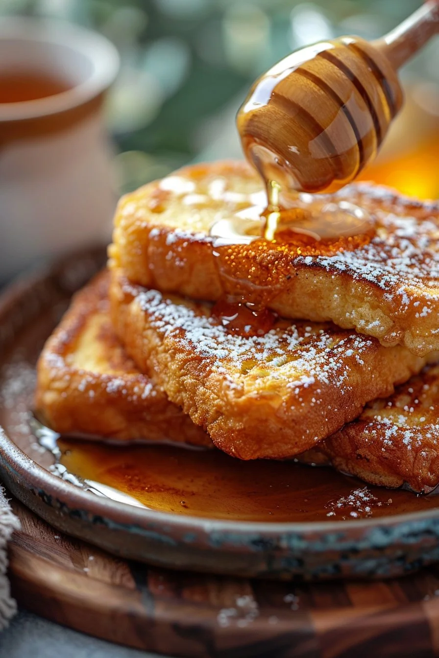 Delicious crispy honey French toast topped with syrup and berries