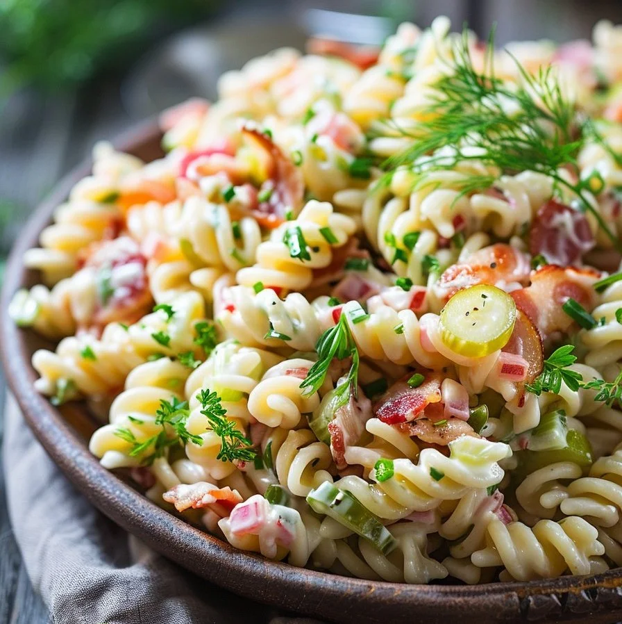 A colorful bowl of Dill Pickle Bacon Pasta Salad with fresh ingredients.