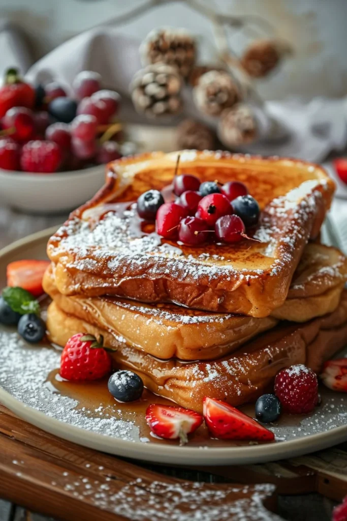 Fluffy French toast served with syrup and berries on a breakfast plate