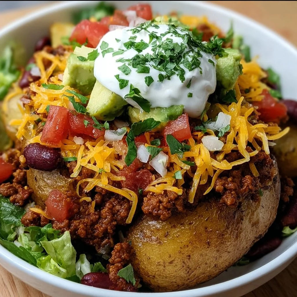 Delicious loaded potato taco bowl topped with fresh ingredients and spices.