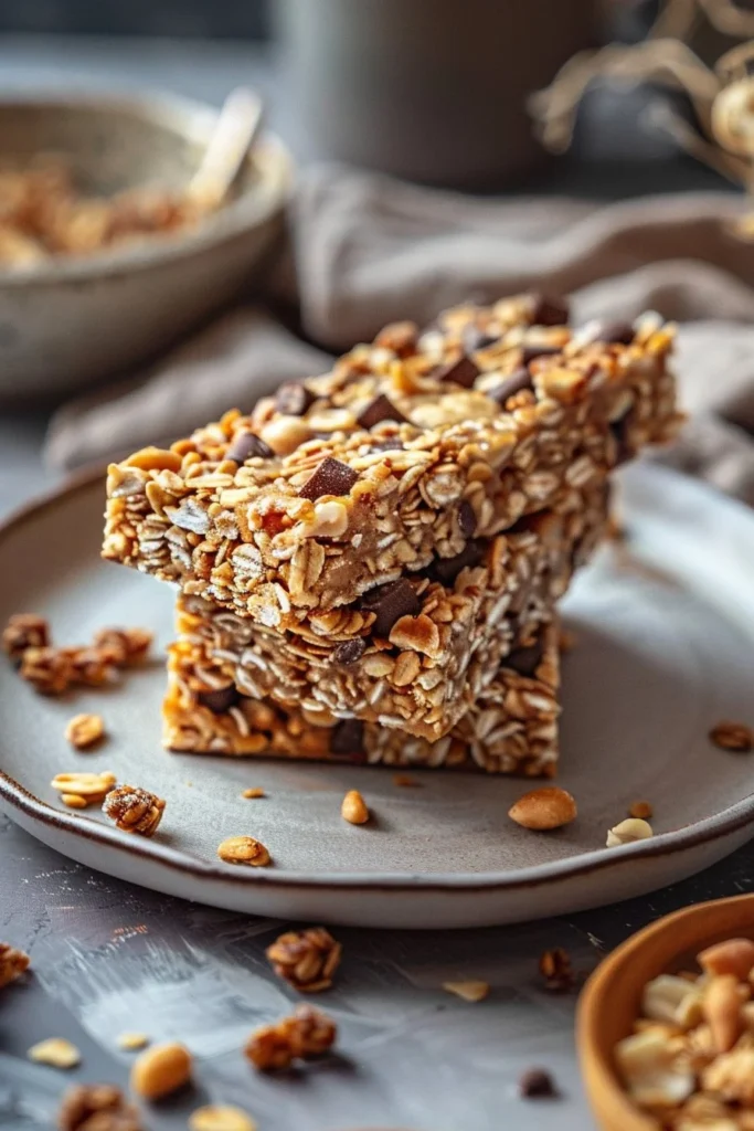 Homemade peanut butter granola bars stacked on a wooden table
