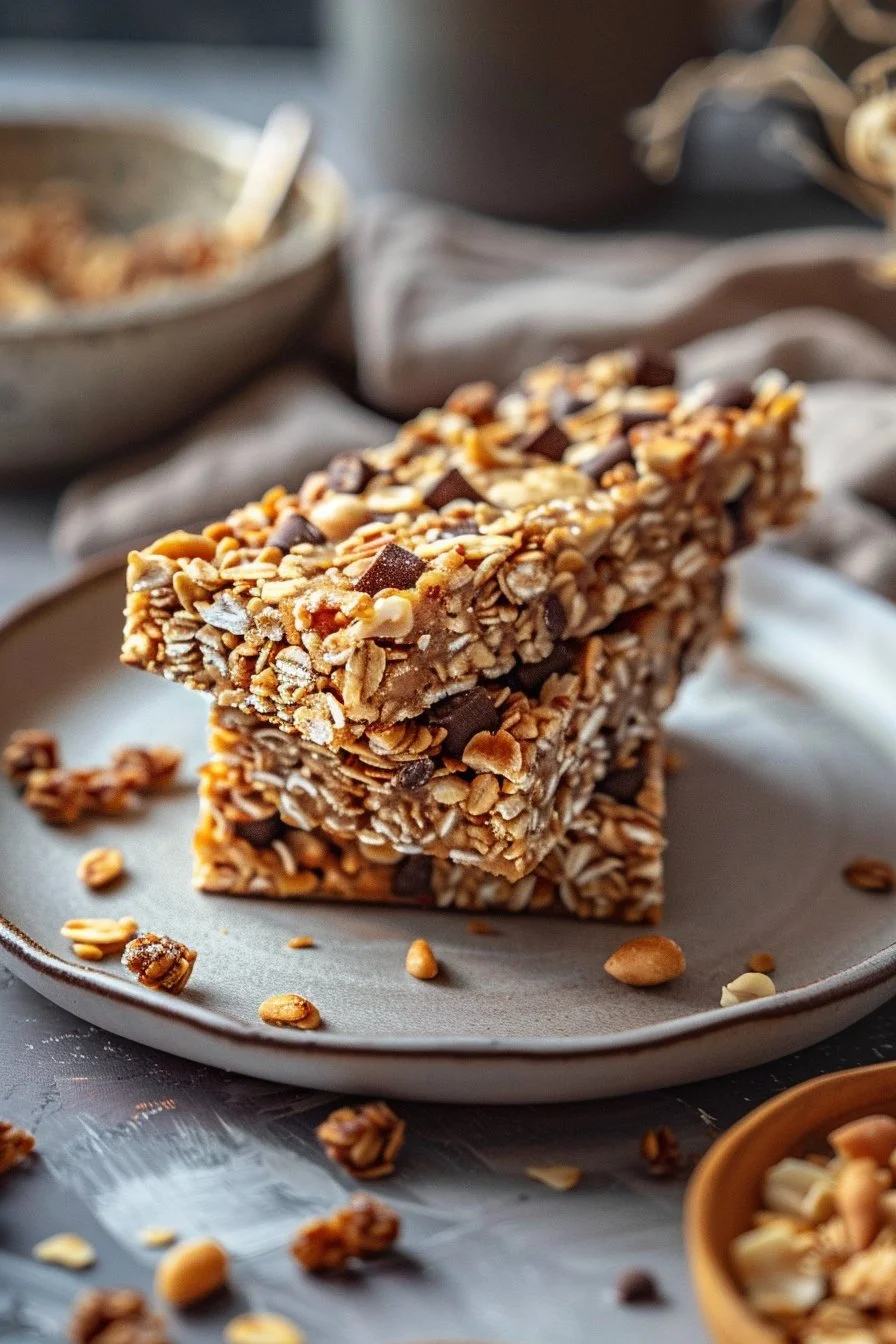 Homemade peanut butter granola bars stacked on a wooden table