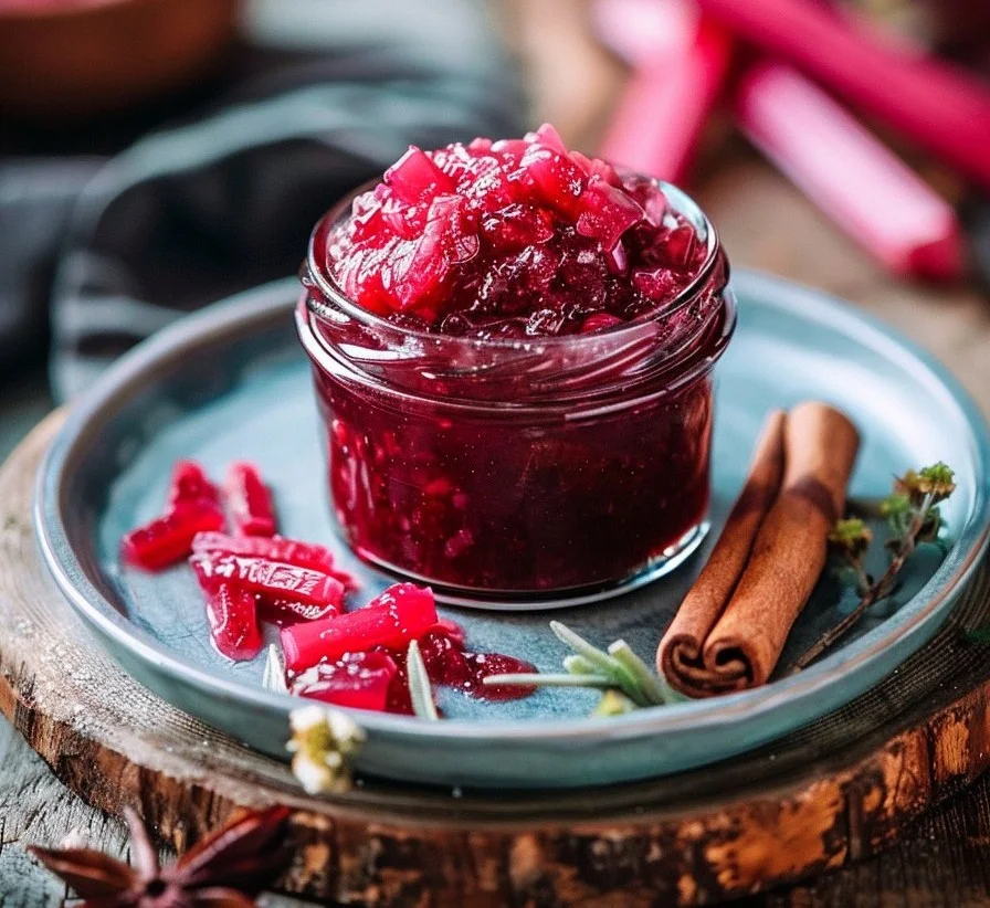 Jar of homemade rhubarb cinnamon jam spread on toast
