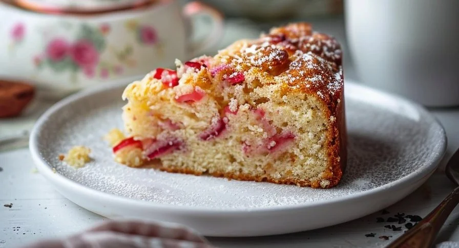 Sour cream rhubarb coffee cake with a moist texture and sweet topping