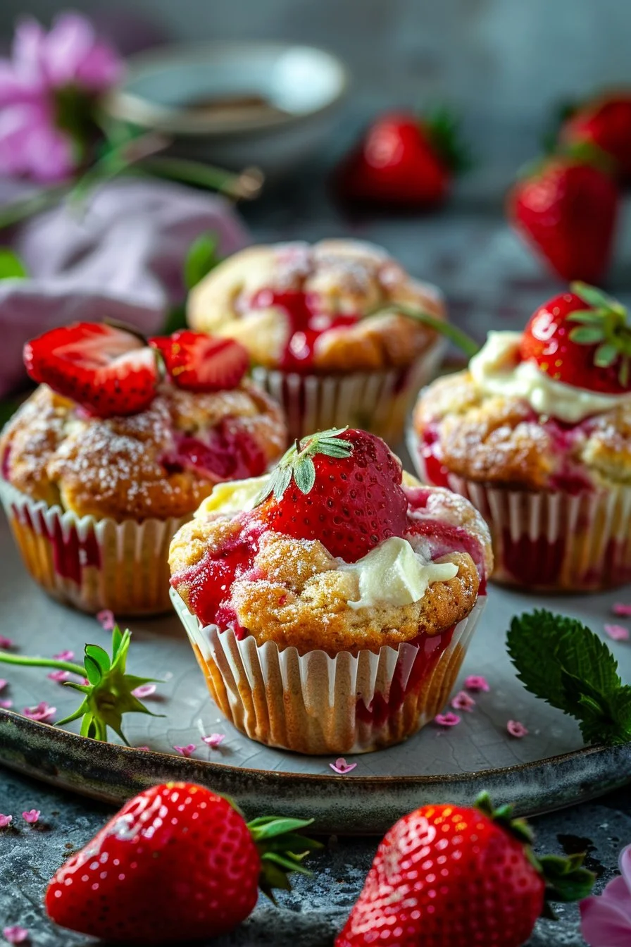 Freshly baked Strawberry Cream Cheese Muffins on a cooling rack