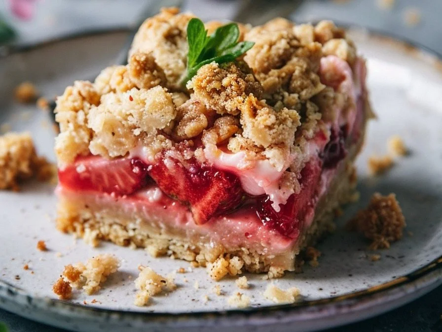 Delicious strawberry rhubarb crumb bars on a white plate