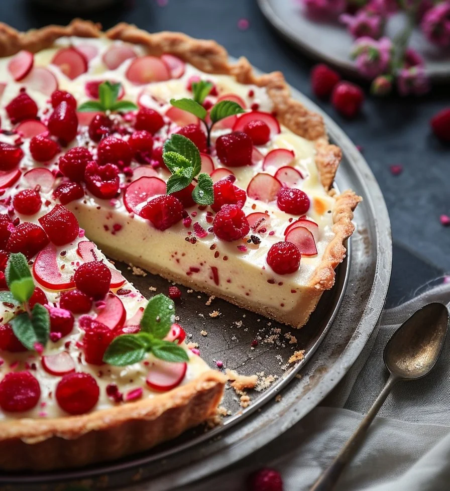 Delicious sweet rhubarb custard tart served on a rustic wooden table.