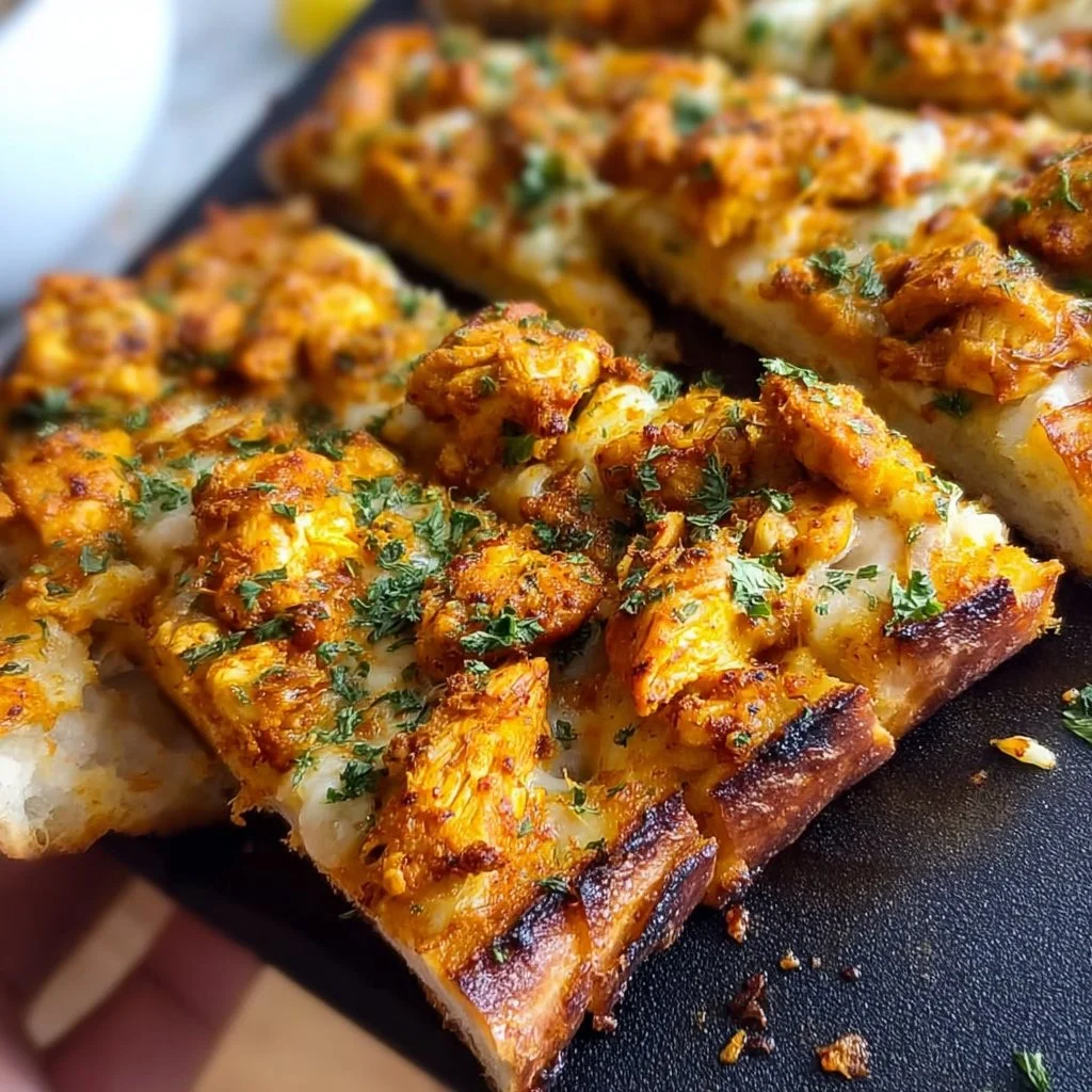 Delicious Tandoori Chicken Garlic Bread served on a wooden platter