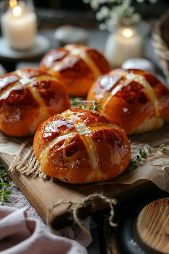 Freshly baked traditional hot cross buns with cross icing on top