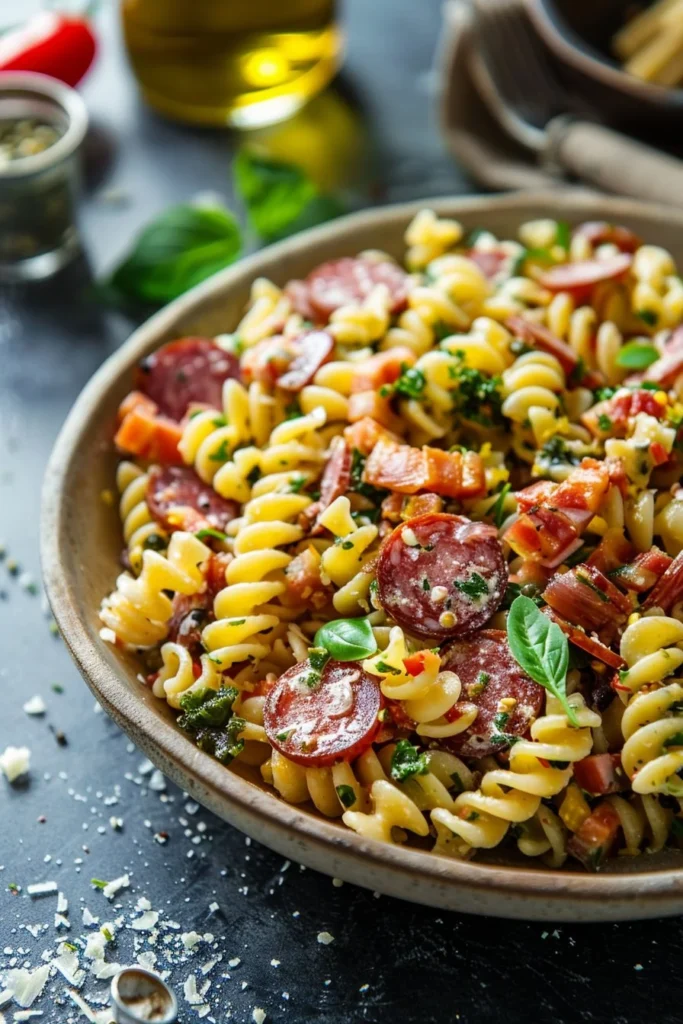 Best Italian Pasta Salad with Salami in a bowl, garnished with fresh herbs.