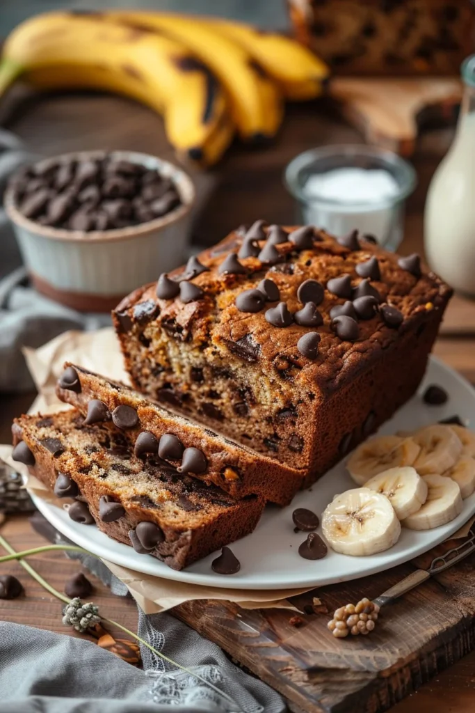 A loaf of classic chocolate chip banana bread with chocolate chips on top