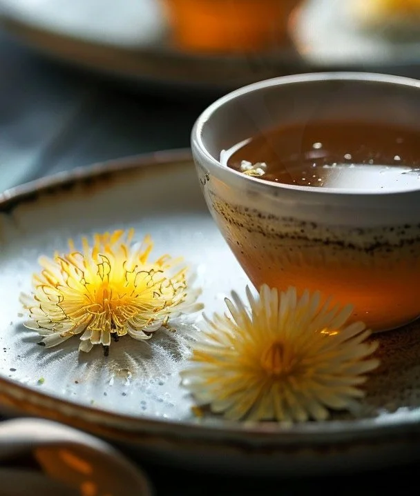 Jar of homemade dandelion jelly with dandelions in the background