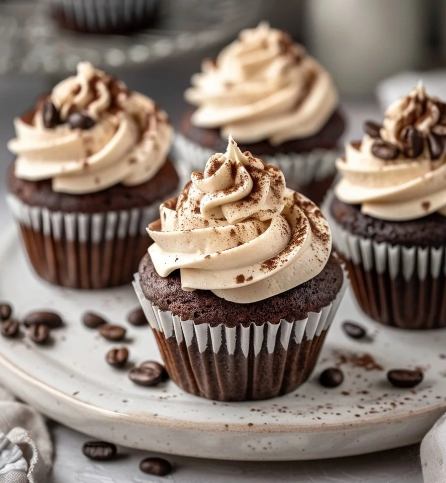 Espresso brownie cupcakes with coffee buttercream frosting on a plate