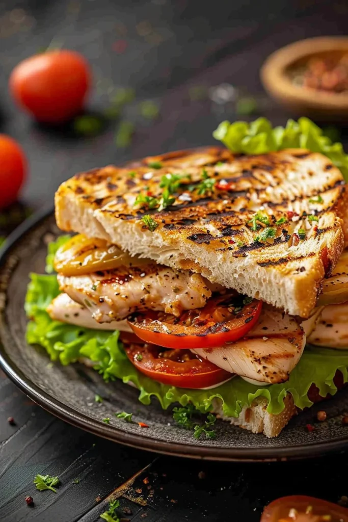 Garlic butter, lettuce, tomato, and grilled chicken sandwich on a plate